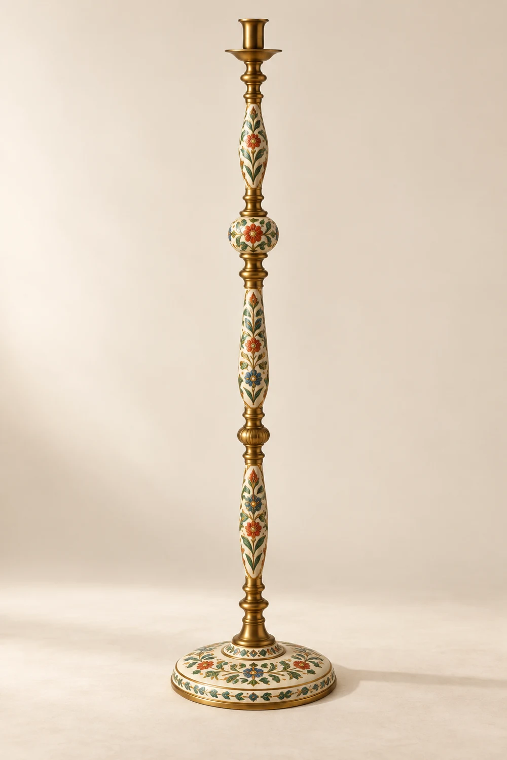 Meadow Garland painted brass floor candle holder, Cream & multicolor