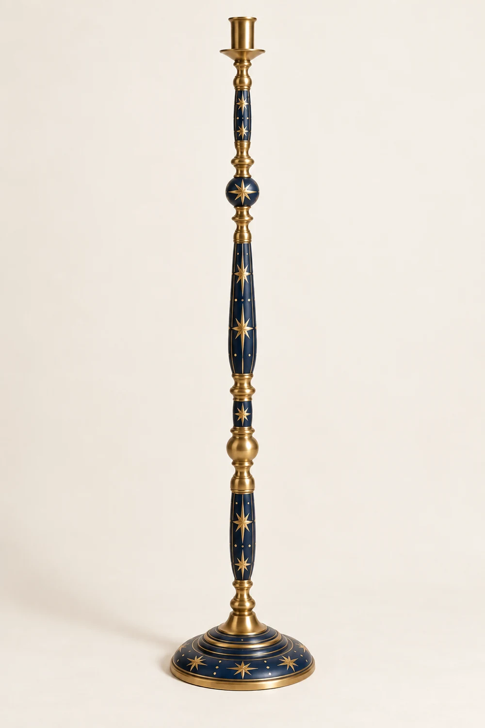 Midnight Star painted brass floor candle holder, Navy & gold