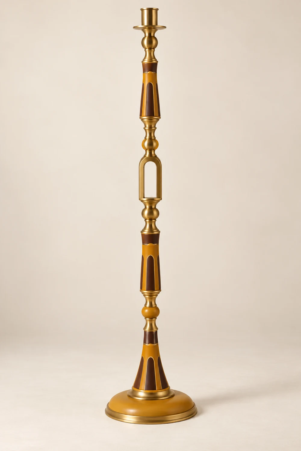 Ochre Arch painted brass floor candle holder, Ochre & brown