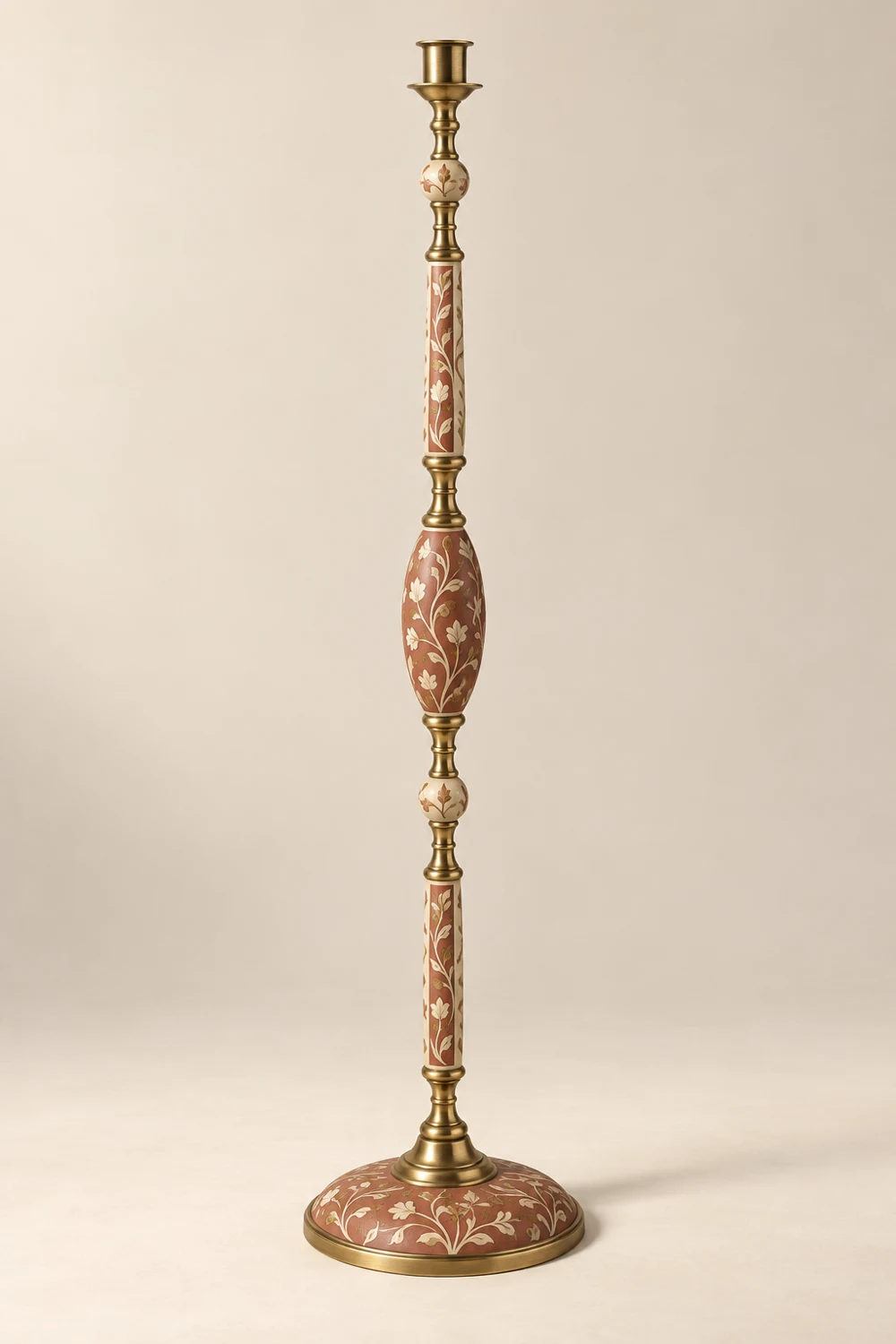 Rosewood Vine painted brass floor candle holder, Rosewood & cream