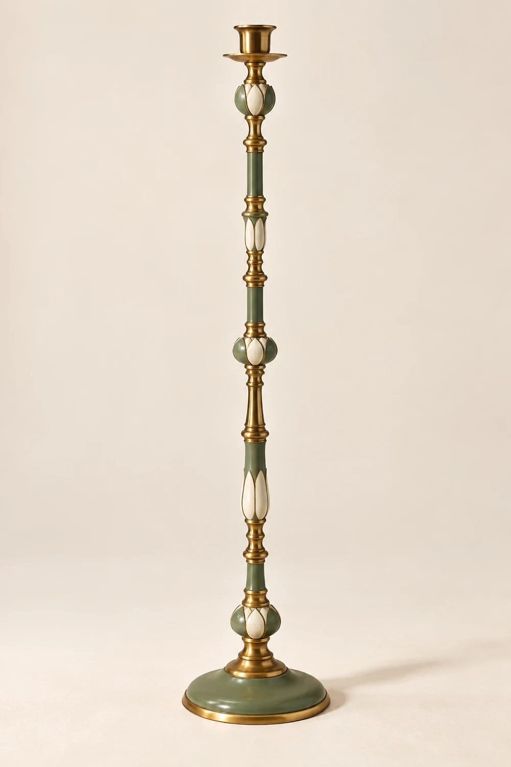 Sage Petal painted brass floor candle holder, Sage & white