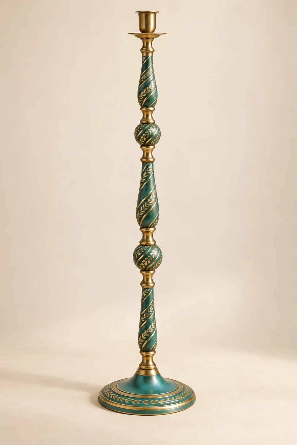 Tide Spiral painted brass floor candle holder, Sea green & gold